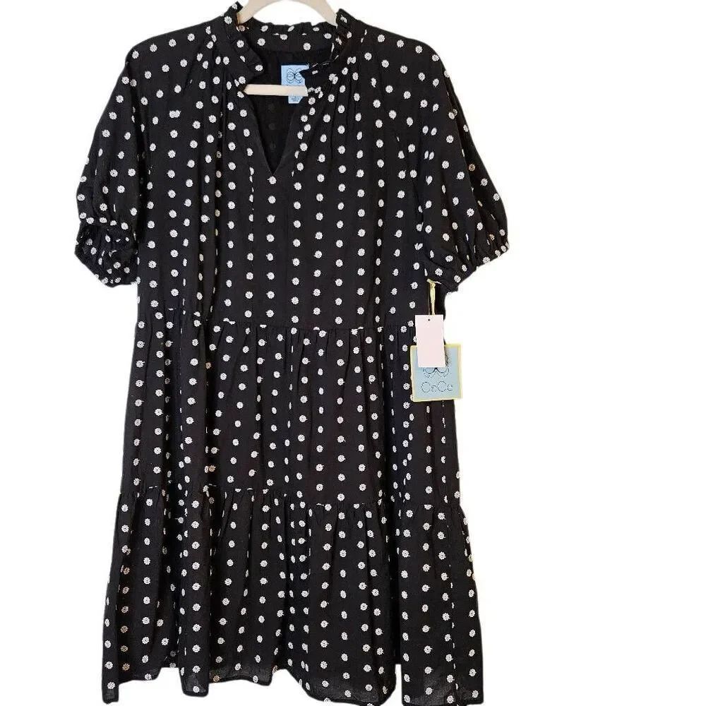 CeCe black with white embroidered flowers dress. Size L NWT.